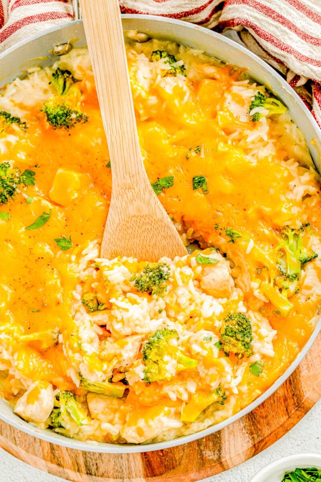 cheesy chicken and rice casserole with broccoli, in a story about simple rice recipes for dinner.