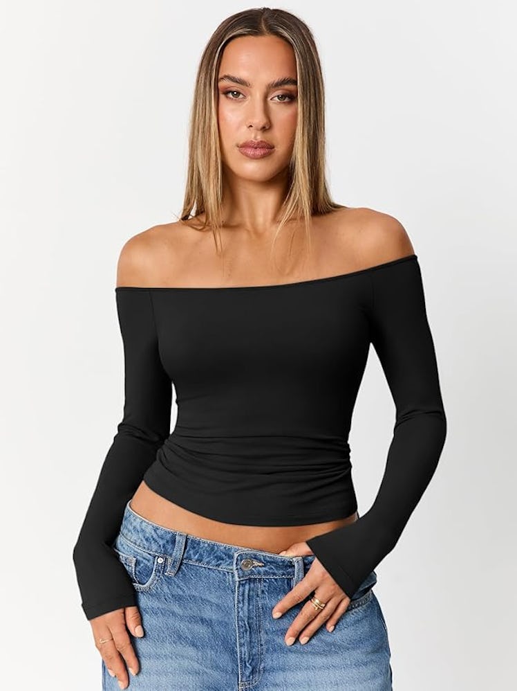Trendy Queen Long Sleeve Off The Shoulder Top