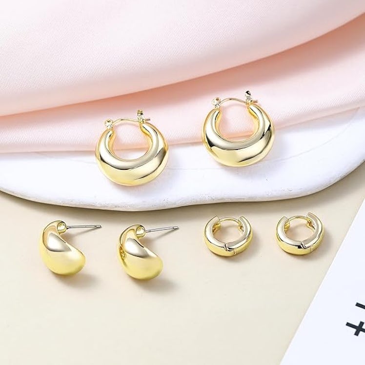 HILXURY Gold Chunky Hoop Earrings Set (3 Pieces)
