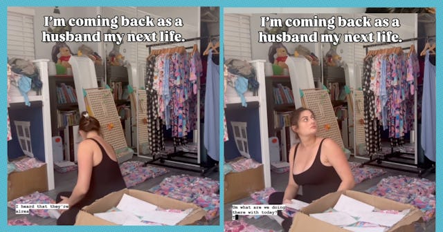 A woman prepares crafts while talking to her husband.