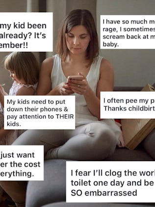 A mother sits on a couch using her phone while two young children play beside her. Various parental ...