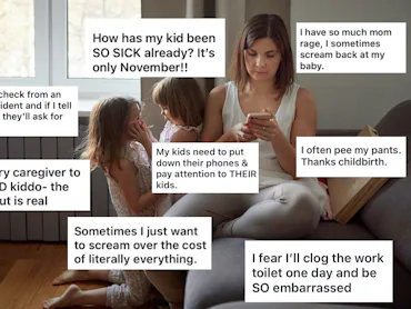 A mother sits on a couch using her phone while two young children play beside her. Various parental ...