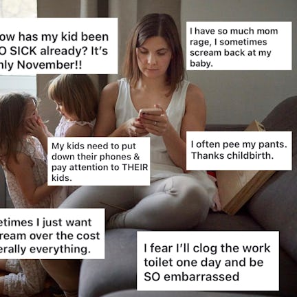 A mother sits on a couch using her phone while two young children play beside her. Various parental ...