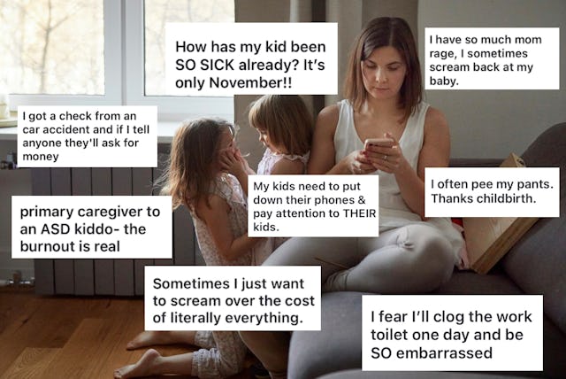 A mother sits on a couch using her phone while two young children play beside her. Various parental ...