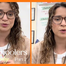 A high school teacher talks into the camera about her students.