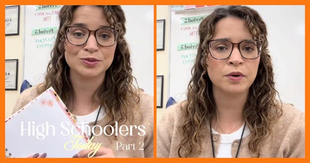 A high school teacher talks into the camera about her students.