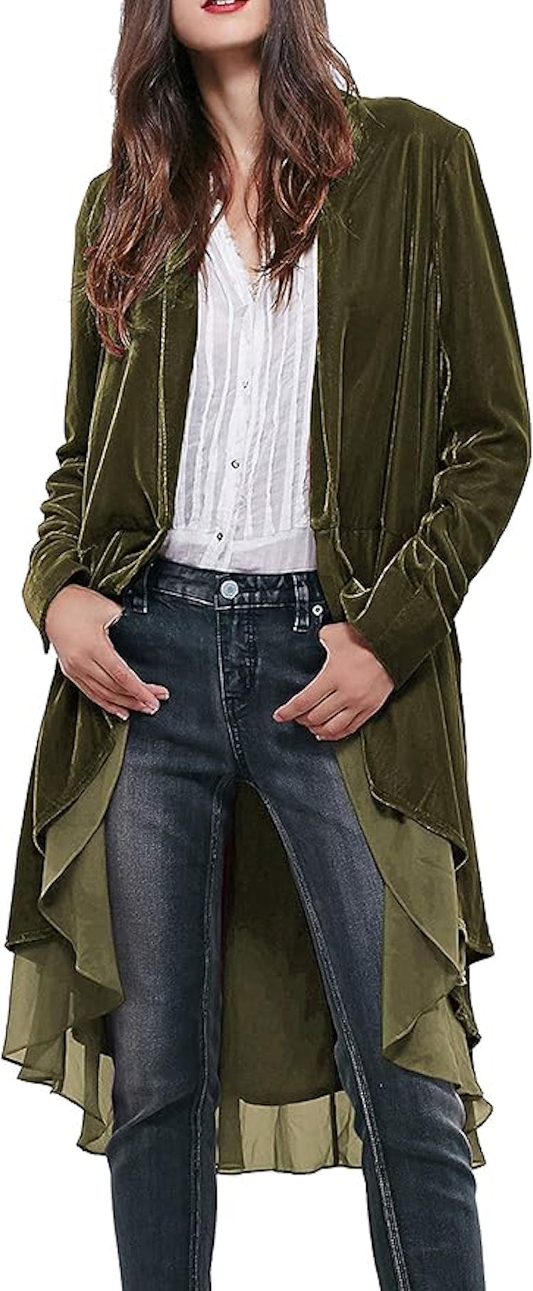 R.Vivimos Ruffled Asymmetric Long Velvet Blazer