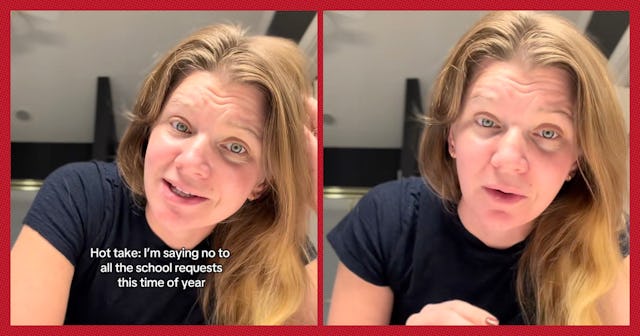 A mom talks into the camera about how she is choosing not to volunteer at school this holiday season...