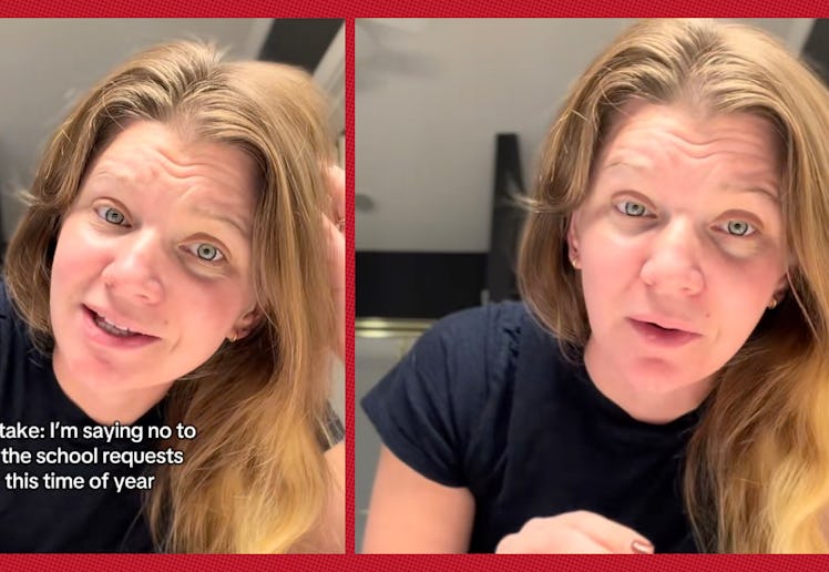 A mom talks into the camera about how she is choosing not to volunteer at school this holiday season...