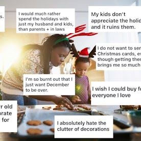 A woman and child wearing festive headbands decorate cookies in a kitchen. Overlaid text features va...