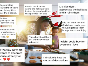 A woman and child wearing festive headbands decorate cookies in a kitchen. Overlaid text features va...