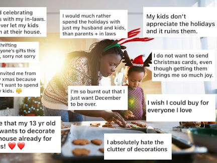 A woman and child wearing festive headbands decorate cookies in a kitchen. Overlaid text features va...