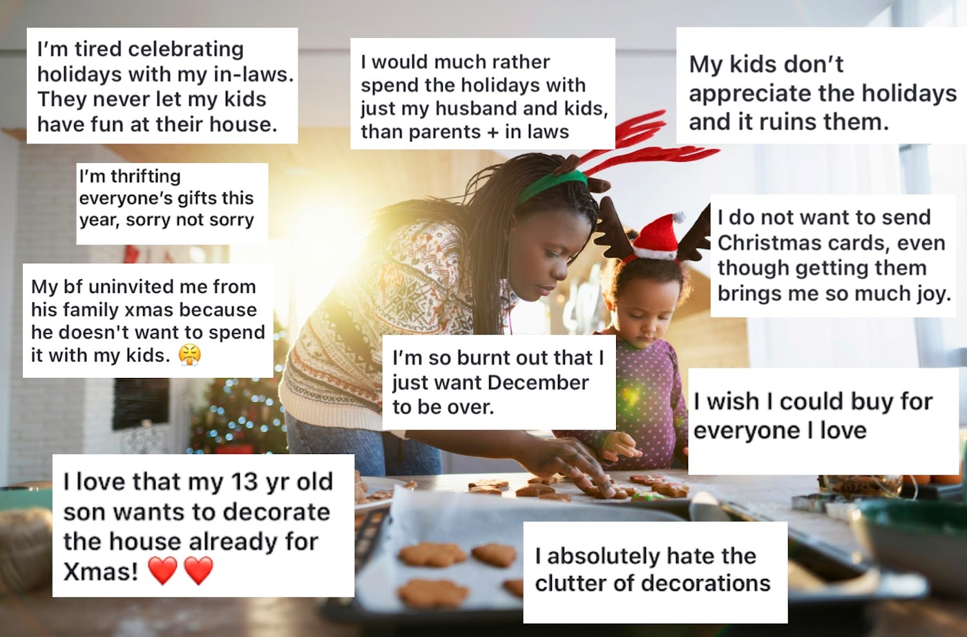 A woman and child wearing festive headbands decorate cookies in a kitchen. Overlaid text features various thoughts about holiday experiences and feelings.
