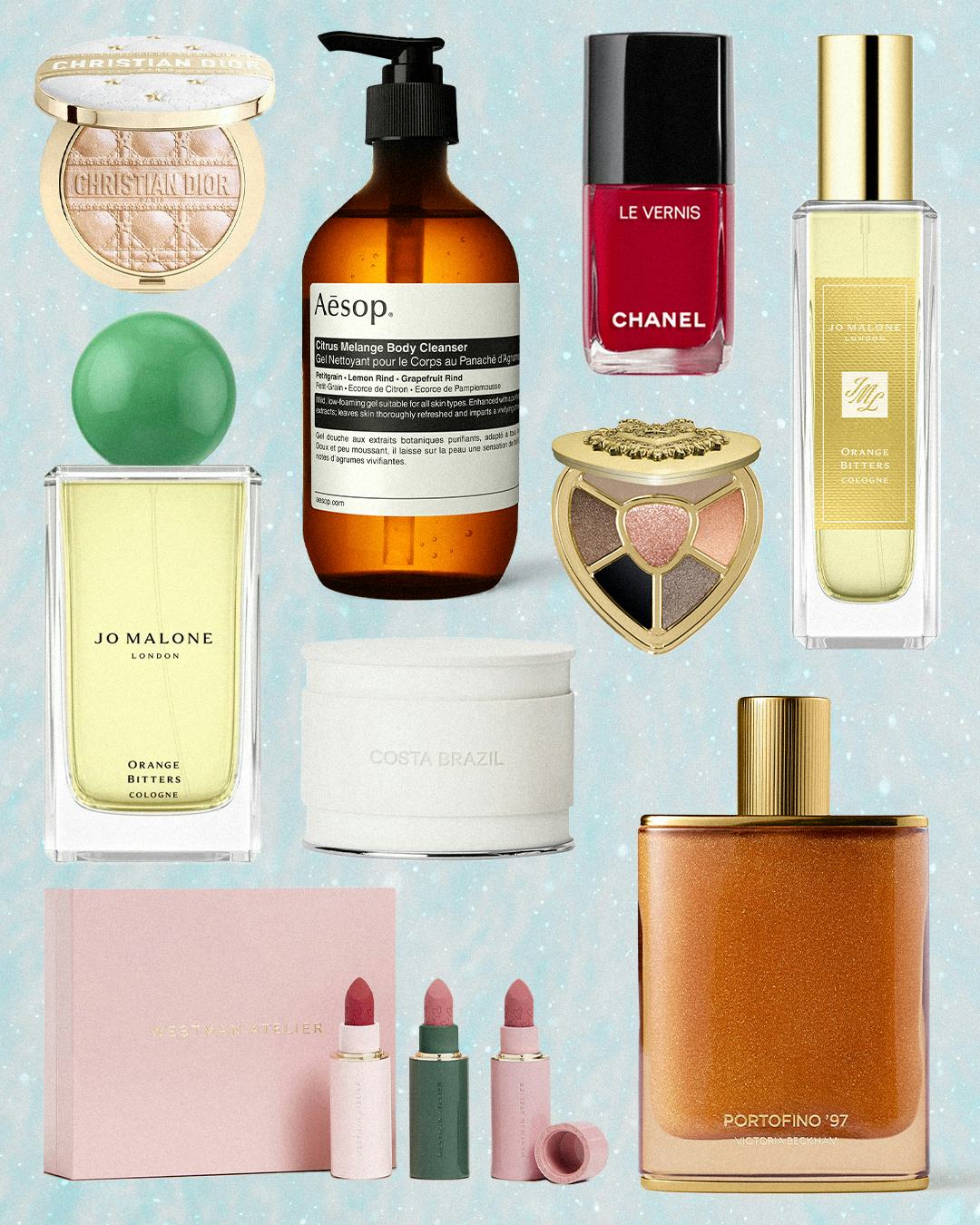 a collage of beauty products