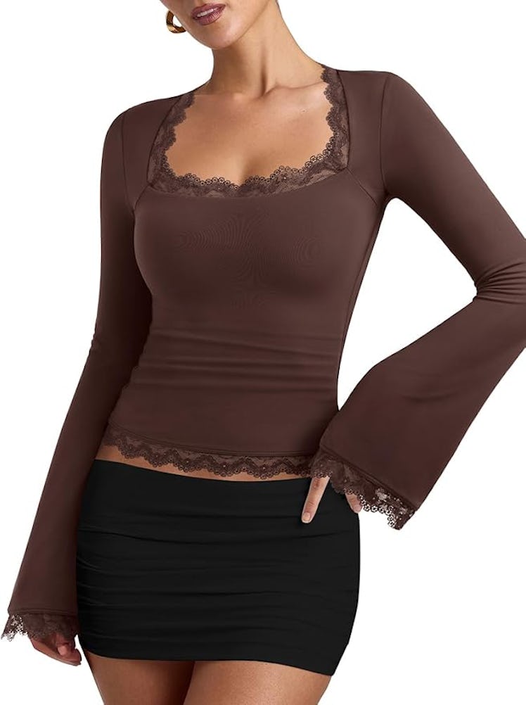 REORIA Lace Trim Long-Sleeve
