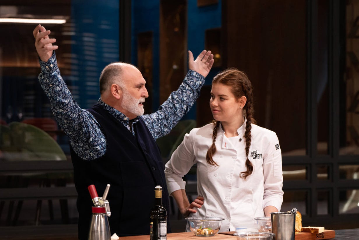 YES, CHEF -- "What's in the Box?" Episode 103 -- Pictured: (l-r) José Andrés, Julia Chebotar -- (Pho...