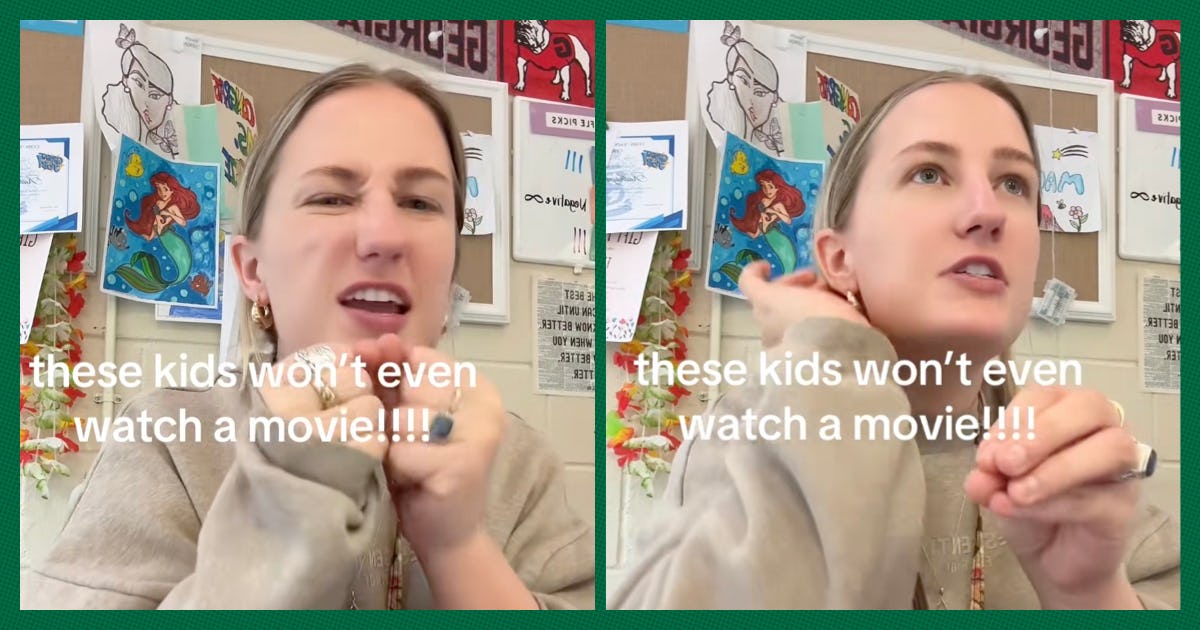 A teacher talks to the camera about how her high school students can't even sit still to watch a mov...