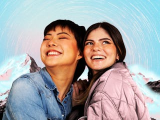 A happy couple in front of the mountains before reading their December 2025 horoscope.