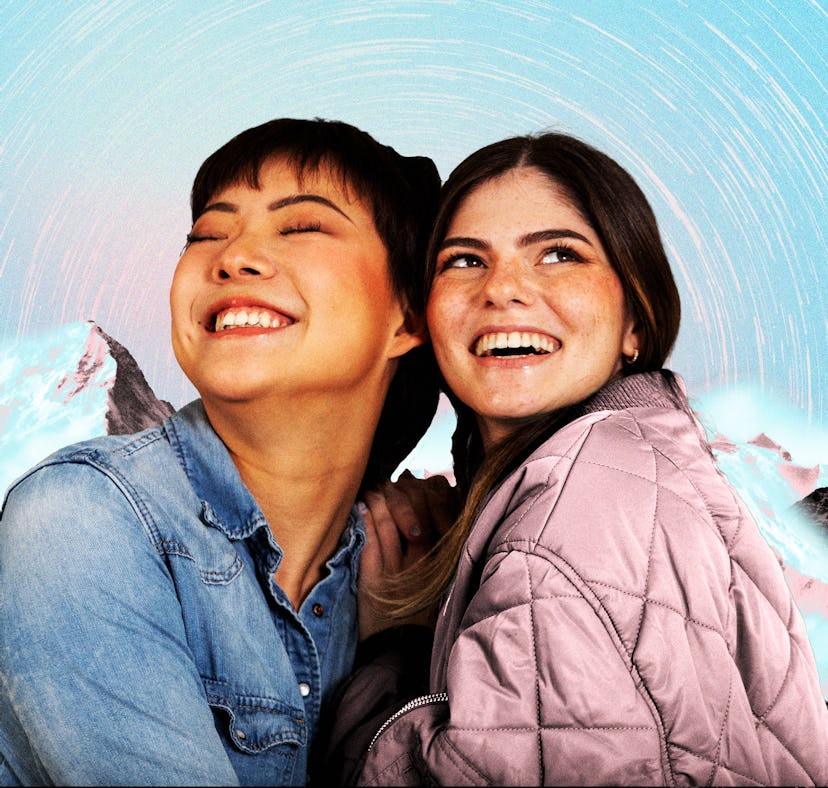 A happy couple in front of the mountains before reading their December 2025 horoscope.