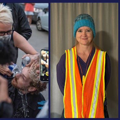A collage of three mothers who organize against ice, one standing wrapped in flags, another helping a fellow protestor who was tear gassed, and one smiling to camera.