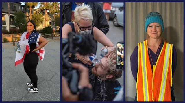A collage of three mothers who organize against ice, one standing wrapped in flags, another helping ...