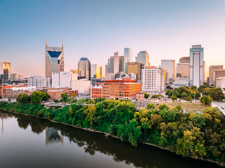 Aerial Perspective of Broadway, Downtown Nashville, Tennessee Skyline from the Northeast Bank of the...