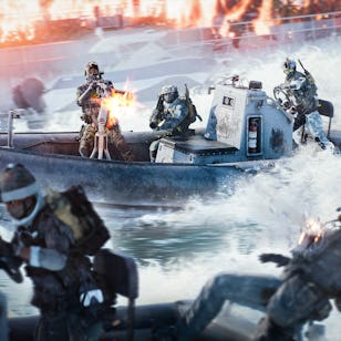 A group of armed soldiers on a fast-moving boat engage in combat, with water splashing around them and explosions visible in the background.
