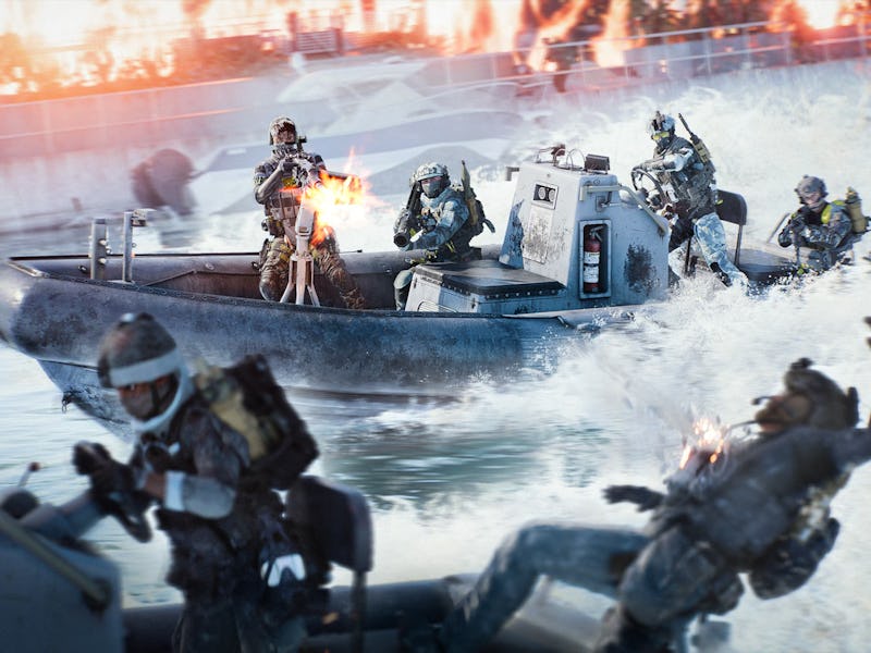 A group of armed soldiers on a fast-moving boat engage in combat, with water splashing around them a...