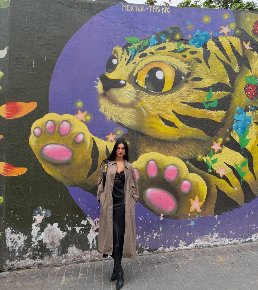 Dua Lipa wears a slip and trench.