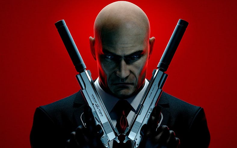Agent 47 staring menacingly into camera.