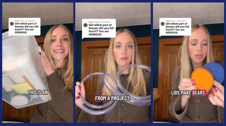 screen grabs of woman on tik tok talking about invention boxes as a free or inexpensive gift for kids
