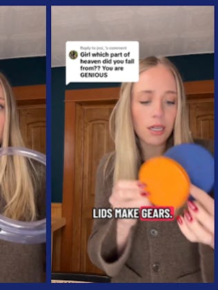 screen grabs of woman on tik tok talking about invention boxes as a free or inexpensive gift for kid...