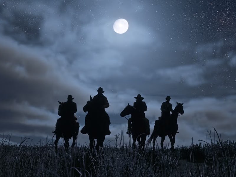 Four horsemen ride down a hill with the moon behind them.