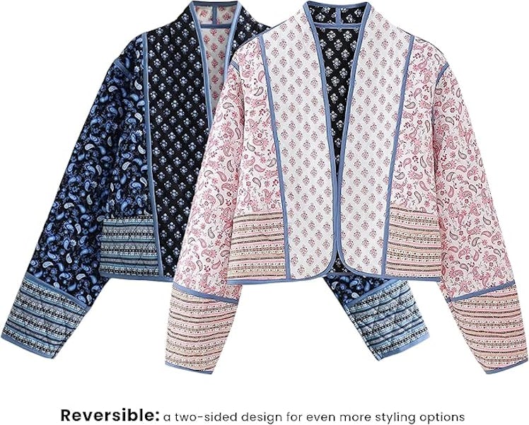 Omoone Cropped Floral Reversible Quilted Jacket