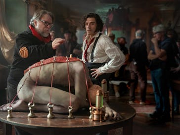 Guillermo del Toro and Oscar Isaac behind the scenes of Frankenstein