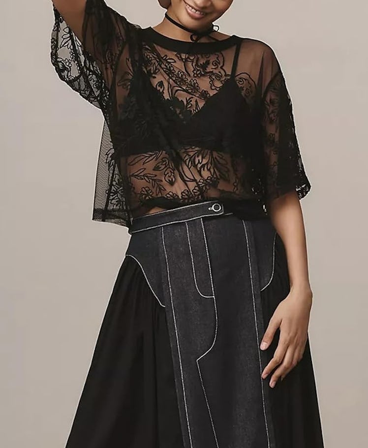 Aimiray Sexy Mesh Tops Short Sleeve Round Neck