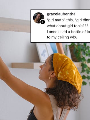 A woman installs a shelf in her home.