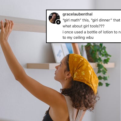 A woman installs a shelf in her home.