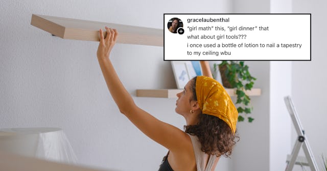 A woman installs a shelf in her home.