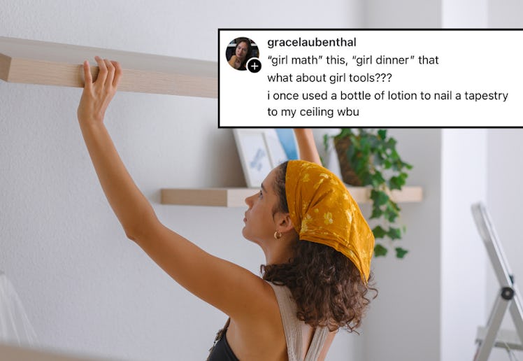 A woman installs a shelf in her home.