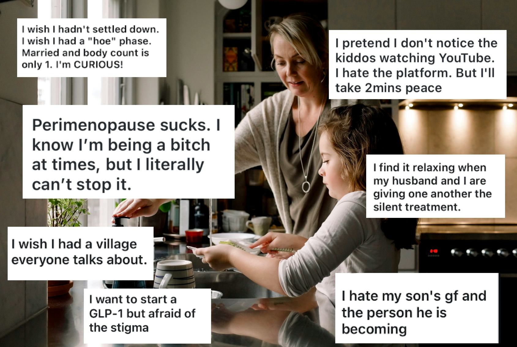 A woman and child cooking in a kitchen with superimposed text boxes expressing personal thoughts abo...