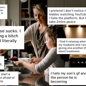 A woman and child cooking in a kitchen with superimposed text boxes expressing personal thoughts abo...