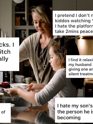 A woman and child cooking in a kitchen with superimposed text boxes expressing personal thoughts abo...