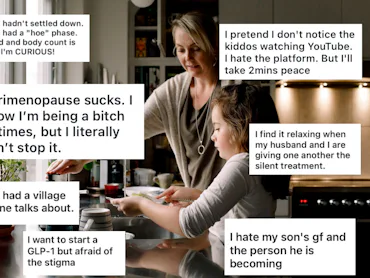 A woman and child cooking in a kitchen with superimposed text boxes expressing personal thoughts abo...