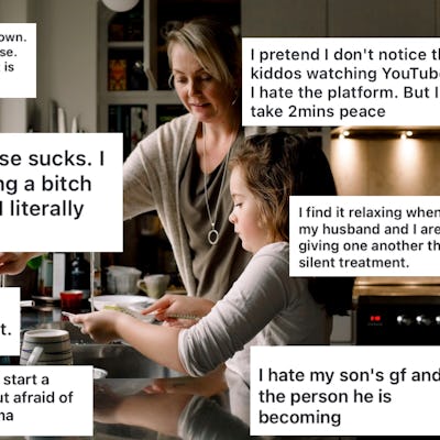 A woman and child cooking in a kitchen with superimposed text boxes expressing personal thoughts about family, menopause, and social challenges.