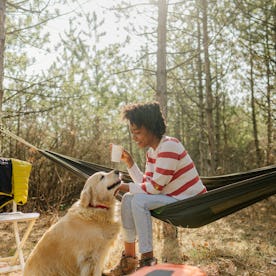 Person sitting in a hammock in a forest, holding a mug, petting a golden retriever. A jacket hangs o...
