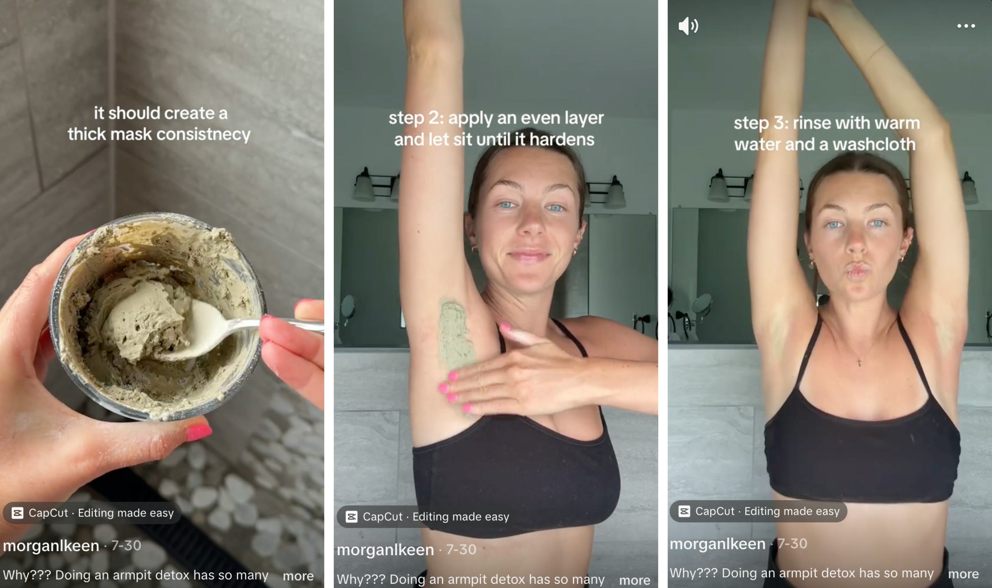 Screenshots from Morgan Keen's TikTok about how to detox your armpits.