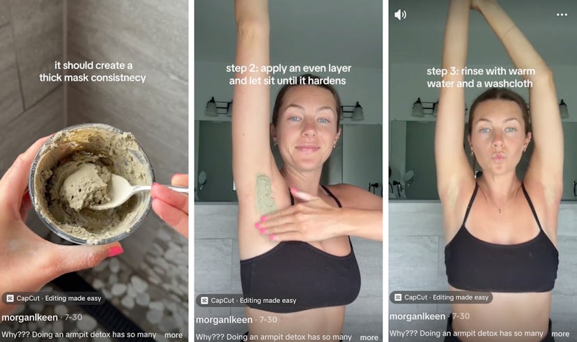 Screenshots from Morgan Keen's TikTok about how to detox your armpits.