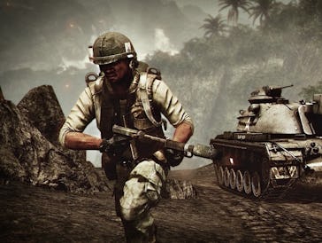 An infantry solider runs towards the camera.