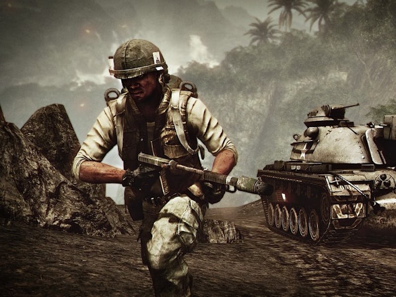 An infantry solider runs towards the camera.